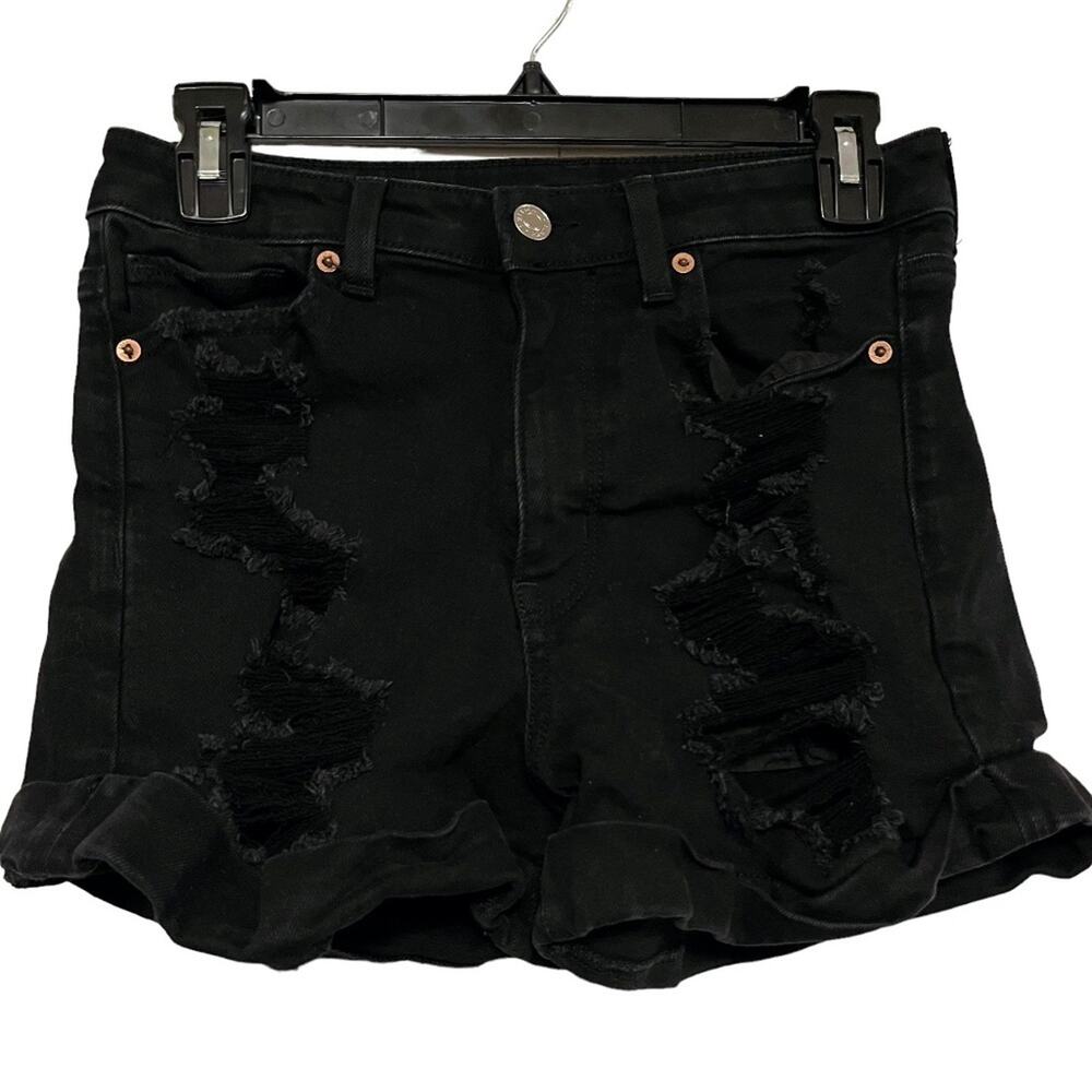 AMERICAN EAGLE MOM SHORTS Solid Black Zip Fly High Rise Roll Cuff Jeans Denim 4